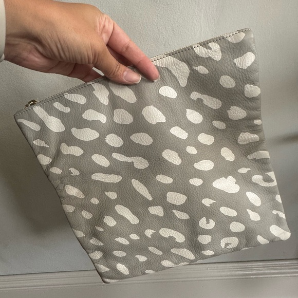 Clare V. Gray and Cream Leather Jaguar Leopard Patterned Clutch
